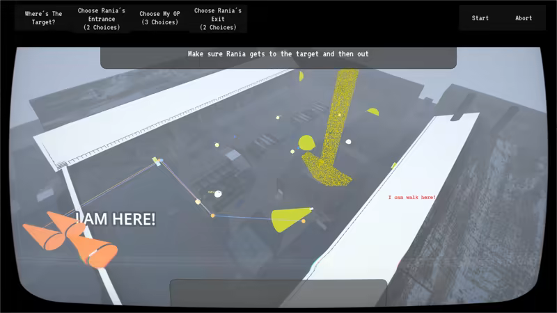 Planning before the mission: buttons to view the target, cycle start and exit positions.