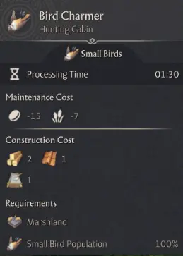 维护和建造成本变化（鸟类魅惑者）